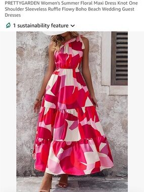 PRETTYGARDEN Pink and Red Abstract One-Shoulder Maxi Dress